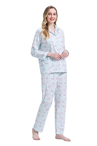 Amaxer Damen Zweiteiliger Schlafanzug Baumwolle Pyjama Set Langarm Nachtwäsche Hausanzug Sleepwear und Pyjamahose Lounge Sets,Die grünen Blumen,XXL von Amaxer