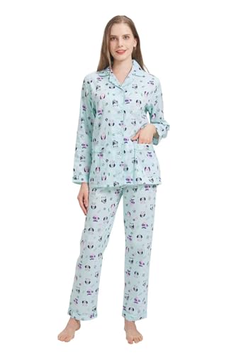 Amaxer Damen Zweiteiliger Schlafanzug Baumwolle Pyjama Set Langarm Nachtwäsche Hausanzug Sleepwear und Pyjamahose Lounge Sets,Eule auf grünem Hintergrund,XL von Amaxer