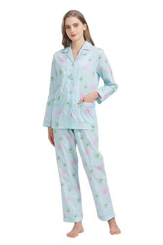Amaxer Damen Zweiteiliger Schlafanzug Baumwolle Pyjama Set Langarm Nachtwäsche Hausanzug Sleepwear und Pyjamahose Lounge Sets,Frische Zitrone,L von Amaxer