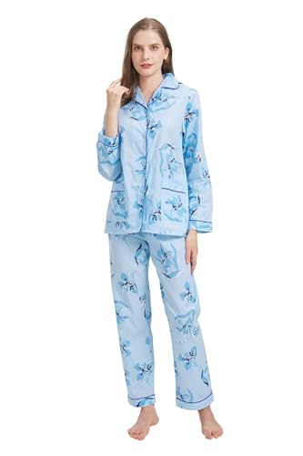 Amaxer Damen Zweiteiliger Schlafanzug Baumwolle Pyjama Set Langarm Nachtwäsche Hausanzug Sleepwear und Pyjamahose Lounge Sets,Große Blumen auf blauem Hintergrund,S von Amaxer
