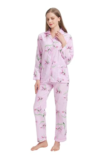 Amaxer Damen Zweiteiliger Schlafanzug Baumwolle Pyjama Set Langarm Nachtwäsche Hausanzug Sleepwear und Pyjamahose Lounge Sets,Große Blumen auf einem rosa Hintergrund,L von Amaxer