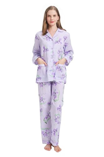 Amaxer Damen Zweiteiliger Schlafanzug Baumwolle Pyjama Set Langarm Nachtwäsche Hausanzug Sleepwear und Pyjamahose Lounge Sets,Große Blumen auf lila Hintergrund,XL von Amaxer