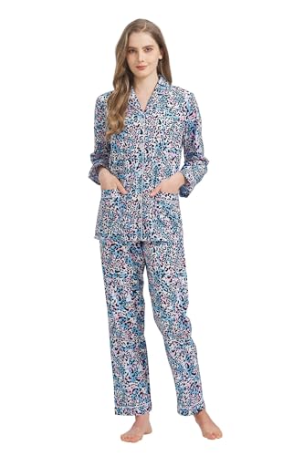 Amaxer Damen Zweiteiliger Schlafanzug Baumwolle Pyjama Set Langarm Nachtwäsche Hausanzug Sleepwear und Pyjamahose Lounge Sets,Leopardenmuster in Blau und Schwarz,XL von Amaxer