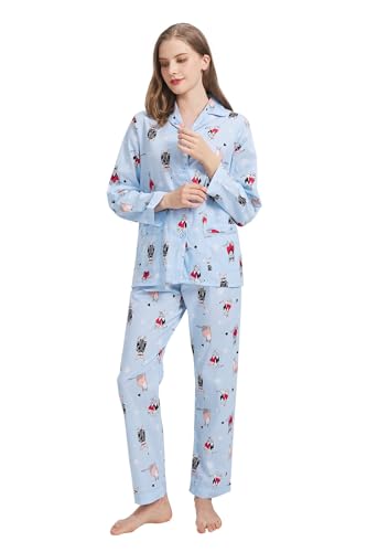 Amaxer Damen Zweiteiliger Schlafanzug Baumwolle Pyjama Set Langarm Nachtwäsche Hausanzug Sleepwear und Pyjamahose Lounge Sets,Niedliche Katze auf blauem Hintergrund,L von Amaxer