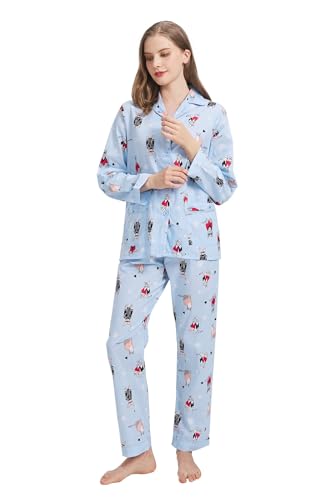 Amaxer Damen Zweiteiliger Schlafanzug Baumwolle Pyjama Set Langarm Nachtwäsche Hausanzug Sleepwear und Pyjamahose Lounge Sets,Niedliche Katze auf blauem Hintergrund,XXL von Amaxer