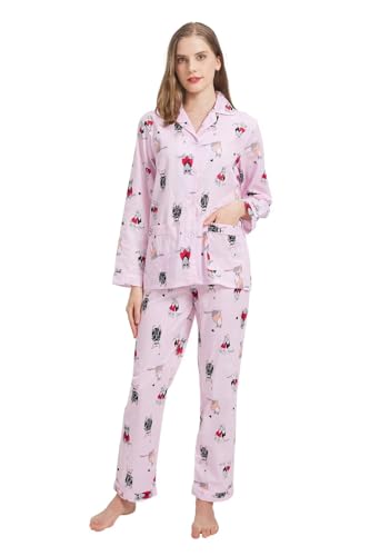 Amaxer Damen Zweiteiliger Schlafanzug Baumwolle Pyjama Set Langarm Nachtwäsche Hausanzug Sleepwear und Pyjamahose Lounge Sets,Niedliche Katze auf rosa Hintergrund,3XL von Amaxer