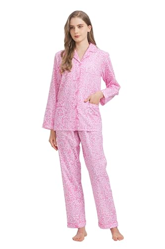 Amaxer Damen Zweiteiliger Schlafanzug Baumwolle Pyjama Set Langarm Nachtwäsche Hausanzug Sleepwear und Pyjamahose Lounge Sets,Pinker Leopard,L von Amaxer
