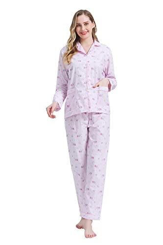 Amaxer Damen Zweiteiliger Schlafanzug Baumwolle Pyjama Set Langarm Nachtwäsche Hausanzug Sleepwear und Pyjamahose Lounge Sets,Rosa blümchen1,3XL von Amaxer