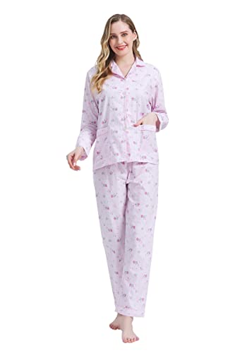 Amaxer Damen Zweiteiliger Schlafanzug Baumwolle Pyjama Set Langarm Nachtwäsche Hausanzug Sleepwear und Pyjamahose Lounge Sets,Rosa blümchen1,L von Amaxer