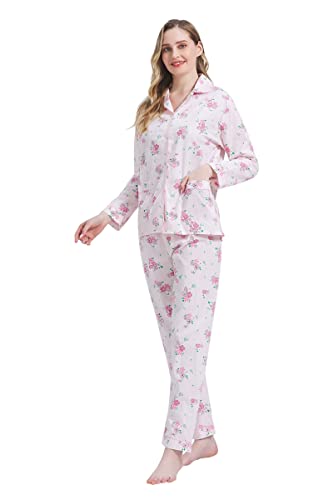 Amaxer Damen Zweiteiliger Schlafanzug Baumwolle Pyjama Set Langarm Nachtwäsche Hausanzug Sleepwear und Pyjamahose Lounge Sets,Rosa blümchen2,3XL von Amaxer