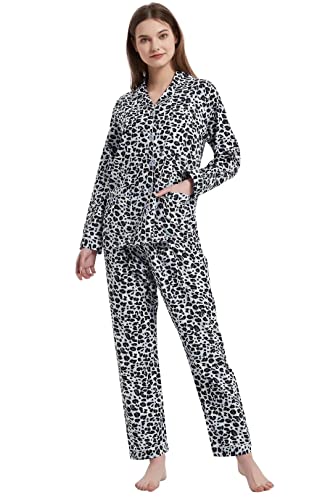 Amaxer Damen Zweiteiliger Schlafanzug Baumwolle Pyjama Set Langarm Nachtwäsche Hausanzug Sleepwear und Pyjamahose Lounge Sets L Blau-schwarzer Leoparden-Print von Amaxer