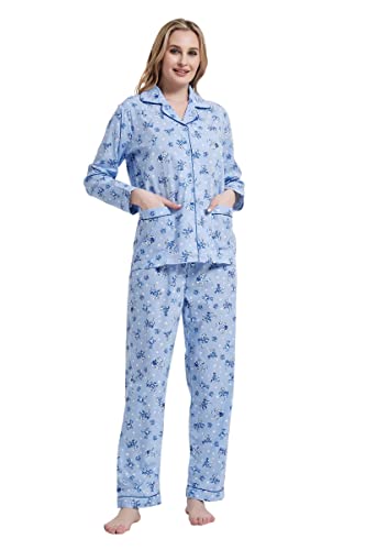 Amaxer Damen Zweiteiliger Schlafanzug Baumwolle Pyjama Set Langarm Nachtwäsche Hausanzug Sleepwear und Pyjamahose Lounge Sets L Blaue Blumen auf Blau von Amaxer