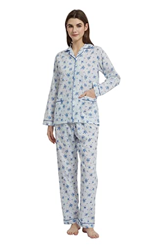 Amaxer Damen Zweiteiliger Schlafanzug Baumwolle Pyjama Set Langarm Nachtwäsche Hausanzug Sleepwear und Pyjamahose Lounge Sets L Blaue Blumen auf Weiß von Amaxer