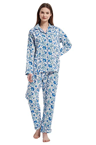 Amaxer Damen Zweiteiliger Schlafanzug Baumwolle Pyjama Set Langarm Nachtwäsche Hausanzug Sleepwear und Pyjamahose Lounge Sets L Blaue Blumen auf Weiß von Amaxer