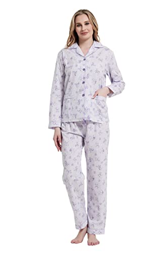 Amaxer Damen Zweiteiliger Schlafanzug Baumwolle Pyjama Set Langarm Nachtwäsche Hausanzug Sleepwear und Pyjamahose Lounge Sets L Lila Blumen auf Lila von Amaxer