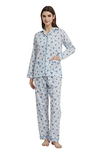 Amaxer Damen Zweiteiliger Schlafanzug Baumwolle Pyjama Set Langarm Nachtwäsche Hausanzug Sleepwear und Pyjamahose Lounge Sets M Blaue Blumen auf Weiß von Amaxer