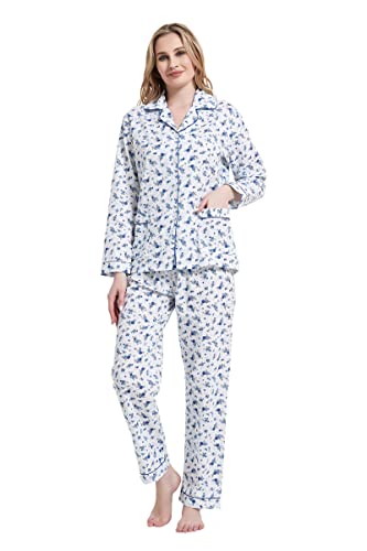 Amaxer Damen Zweiteiliger Schlafanzug Baumwolle Pyjama Set Langarm Nachtwäsche Hausanzug Sleepwear und Pyjamahose Lounge Sets M Blaue Blumen auf Weiß von Amaxer