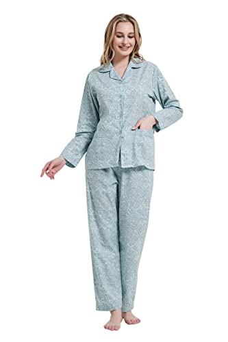 Amaxer Damen Zweiteiliger Schlafanzug Baumwolle Pyjama Set Langarm Nachtwäsche Hausanzug Sleepwear und Pyjamahose Lounge Sets M Hellblaugrün von Amaxer