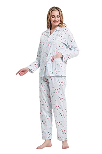 Amaxer Damen Zweiteiliger Schlafanzug Baumwolle Pyjama Set Langarm Nachtwäsche Hausanzug Sleepwear und Pyjamahose Lounge Sets M Rosa Blumen auf Blau von Amaxer