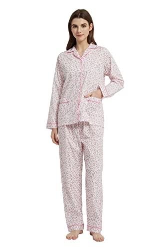 Amaxer Damen Zweiteiliger Schlafanzug Baumwolle Pyjama Set Langarm Nachtwäsche Hausanzug Sleepwear und Pyjamahose Lounge Sets M Rosa Blumen auf Weiß von Amaxer