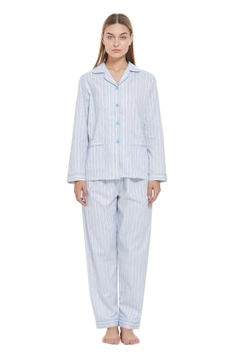Amaxer Damen Zweiteiliger Schlafanzug Baumwolle Pyjama Set Langarm Nachtwäsche Hausanzug Sleepwear und Pyjamahose Lounge Sets XL Rosa und Blaue Streifen von Amaxer