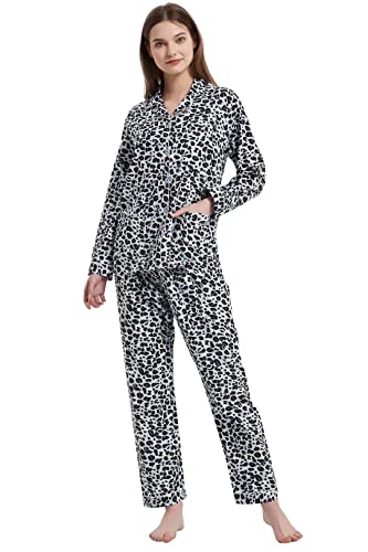 Amaxer Damen Zweiteiliger Schlafanzug Baumwolle Pyjama Set Langarm Nachtwäsche Hausanzug Sleepwear und Pyjamahose Lounge Sets XXL Blau-schwarzer Leoparden-Print von Amaxer