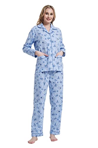 Amaxer Damen Zweiteiliger Schlafanzug Baumwolle Pyjama Set Langarm Nachtwäsche Hausanzug Sleepwear und Pyjamahose Lounge Sets XXL Blaue Blumen auf Blau von Amaxer