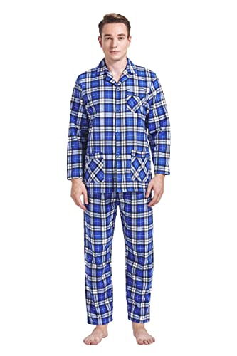 Amaxer Flanell Schlafanzug Herren 100% Baumwolle Pyjama mit Knopfleiste Set Lang Warmer Winter Schlafanzug, Blaue Streifen 01M von Amaxer