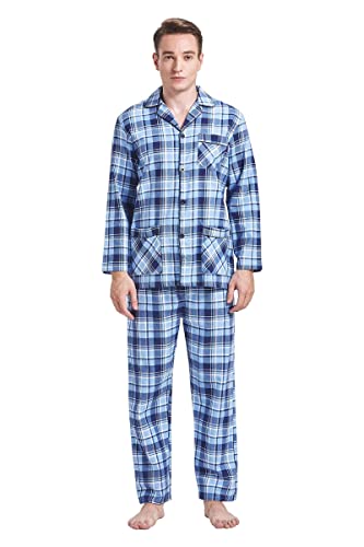 Amaxer Flanell Schlafanzug Herren 100% Baumwolle Pyjama mit Knopfleiste Set Lang Warmer Winter Schlafanzug, Blaue Streifen XL von Amaxer