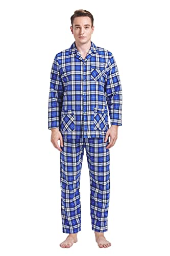 Amaxer Flanell Schlafanzug Herren 100% Baumwolle Pyjama mit Knopfleiste Set Lang Warmer Winter Schlafanzug, Blaue Streifen01 L von Amaxer