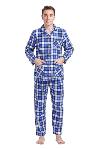 Amaxer Flanell Schlafanzug Herren 100% Baumwolle Pyjama mit Knopfleiste Set Lang Warmer Winter Schlafanzug, Blaue Streifen01 S von Amaxer