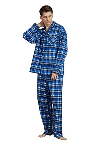 Amaxer Flanell Schlafanzug Herren 100% Baumwolle Pyjama mit Knopfleiste Set Lang Warmer Winter Schlafanzug, L Blau Weiß Schwarz Kariert von Amaxer