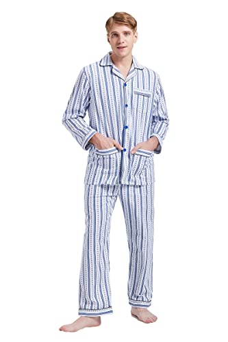 Amaxer Flanell Schlafanzug Herren 100% Baumwolle Pyjama mit Knopfleiste Set Lang Warmer Winter Schlafanzug, L Blaue Streifen02 von Amaxer