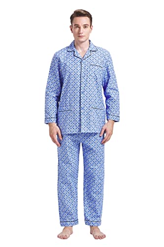 Amaxer Flanell Schlafanzug Herren 100% Baumwolle Pyjama mit Knopfleiste Set Lang Warmer Winter Schlafanzug, L Blaues Quadrat von Amaxer