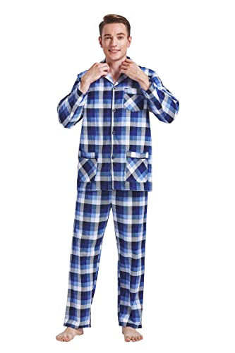 Amaxer Flanell Schlafanzug Herren 100% Baumwolle Pyjama mit Knopfleiste Set Lang Warmer Winter Schlafanzug, M Blau und Grau Kariert von Amaxer