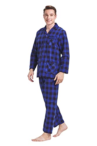 Amaxer Flanell Schlafanzug Herren 100% Baumwolle Pyjama mit Knopfleiste Set Lang Warmer Winter Schlafanzug, S Blau und Schwarz Kariert von Amaxer