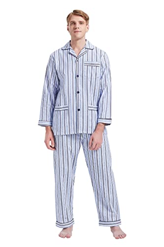 Amaxer Flanell Schlafanzug Herren 100% Baumwolle Pyjama mit Knopfleiste Set Lang Warmer Winter Schlafanzug, XL Blaue Streifen von Amaxer