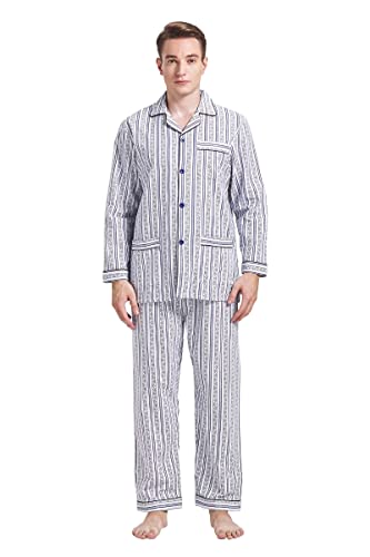 Amaxer Flanell Schlafanzug Herren 100% Baumwolle Pyjama mit Knopfleiste Set Lang Warmer Winter Schlafanzug, XL Blaue und Graue Streifen von Amaxer