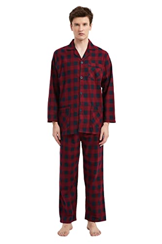 Amaxer Flanell Schlafanzug Herren 100% Baumwolle Pyjama mit Knopfleiste Set Lang Warmer Winter Schlafanzug, XL Rot und Schwarz Kariert von Amaxer