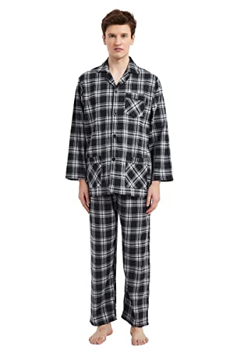 Amaxer Flanell Schlafanzug Herren 100% Baumwolle Pyjama mit Knopfleiste Set Lang Warmer Winter Schlafanzug, XL Schwarz und Grau Kariert von Amaxer