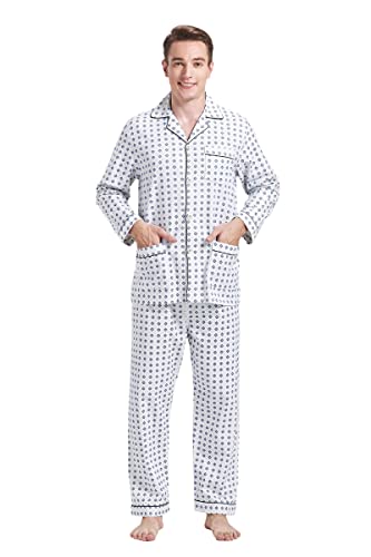 Amaxer Flanell Schlafanzug Herren 100% Baumwolle Pyjama mit Knopfleiste Set Lang Warmer Winter Schlafanzug,Blaue Box L von Amaxer