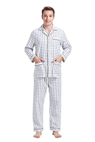 Amaxer Flanell Schlafanzug Herren 100% Baumwolle Pyjama mit Knopfleiste Set Lang Warmer Winter Schlafanzug,Blaue Box M von Amaxer