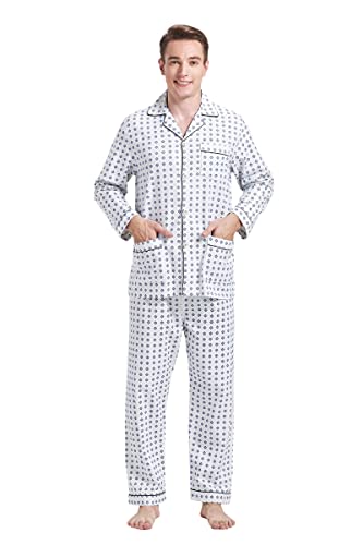 Amaxer Flanell Schlafanzug Herren 100% Baumwolle Pyjama mit Knopfleiste Set Lang Warmer Winter Schlafanzug,Blaue Box XL von Amaxer