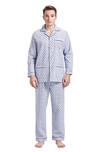 Amaxer Flanell Schlafanzug Herren 100% Baumwolle Pyjama mit Knopfleiste Set Lang Warmer Winter Schlafanzug,Blaue Punkte L von Amaxer