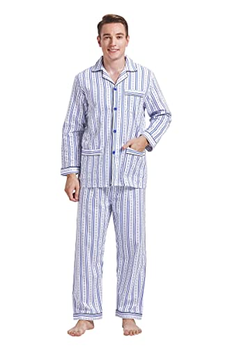 Amaxer Flanell Schlafanzug Herren 100% Baumwolle Pyjama mit Knopfleiste Set Lang Warmer Winter Schlafanzug,Blaue und weiße Streifen01 S von Amaxer