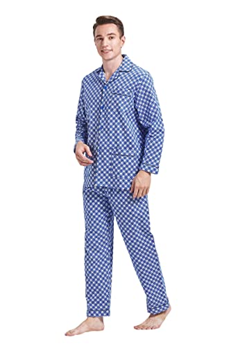 Amaxer Flanell Schlafanzug Herren 100% Baumwolle Pyjama mit Knopfleiste Set Lang Warmer Winter Schlafanzug,großes blaues Quadrat M von Amaxer