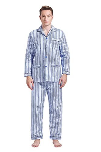 Amaxer Flanell Schlafanzug Herren 100% Baumwolle Pyjama mit Knopfleiste Set Lang Warmer Winter Schlafanzug,hellblaue Streifen L von Amaxer