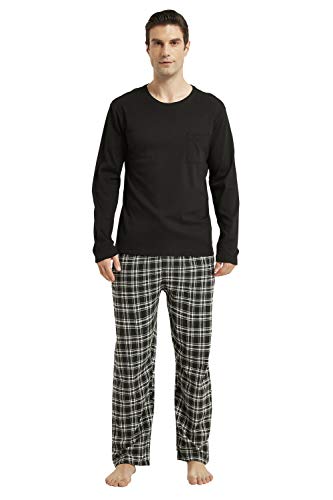 Amaxer Flanell Schlafanzug Herren Pyjama Set lang Schlafanzug mit Knopfleiste Strickerei, schwarz-weiß Kariertes Muster， M von Amaxer