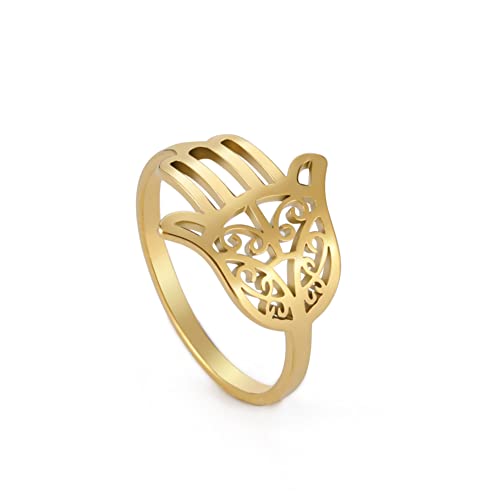 Amaxer Hamsa Hand der Fatima Ring für Frauen Edelstahl hohl Finger Ring Schmuck Accessoires Geschenk (Gold, 7) von Amaxer