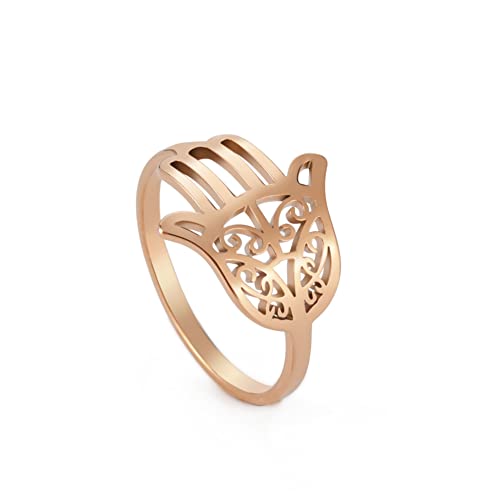 Amaxer Hamsa Hand der Fatima Ring für Frauen Edelstahl hohl Finger Ring Schmuck Accessoires Geschenk (Roségold, 9) von Amaxer